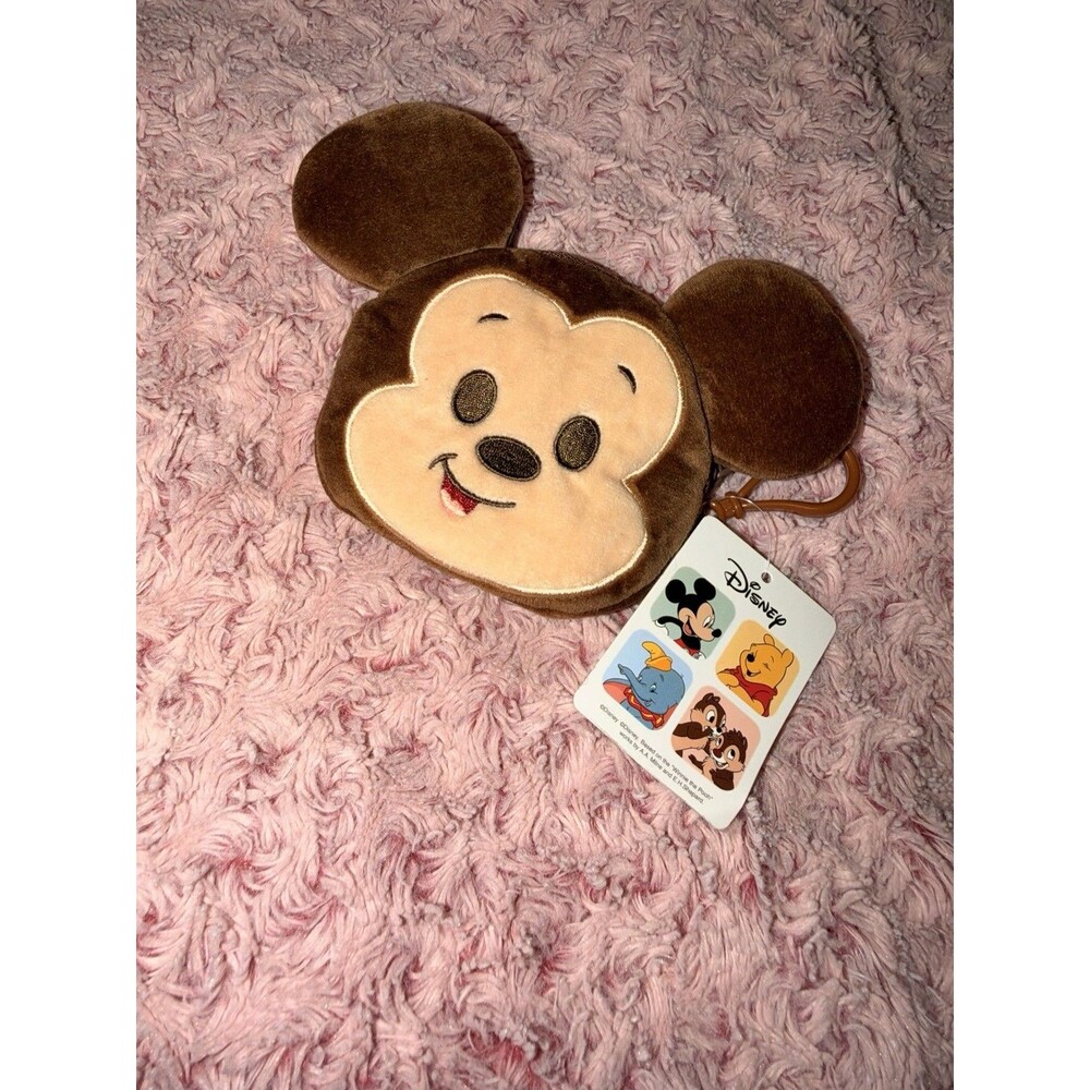 Disney Mickey Mouse Face Plush Coin Purse Keychain Clip NWT